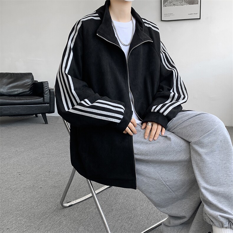 8XL-M特大码麂皮绒重磅条纹棒球服夹克外套男立领潮JK004P75控98图片