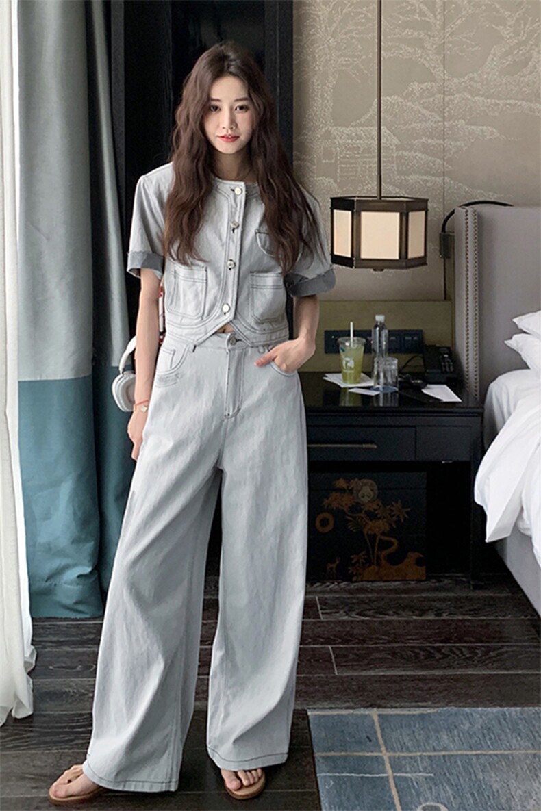 甜酷气质减龄牛仔套装女2025夏季新款设计感圆领上衣阔腿裤两件套,女装套装/套裙,浙宝220