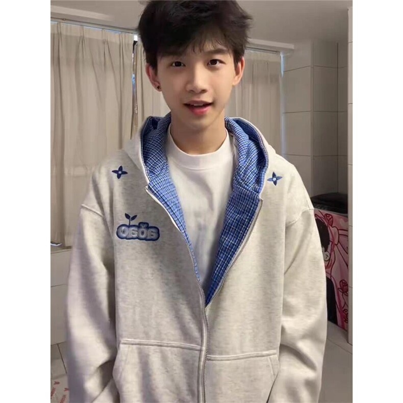 格子拼接连帽卫衣潮流潮牌慵懒新款休闲帅气气质港风流行WYX25,男装卫衣,星座516A