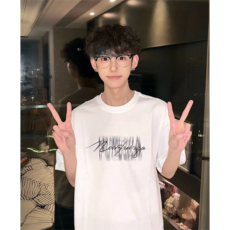 抖音得物供货210克现货宽松纯棉美式潮牌印花落肩袖纯棉T恤AT2160,男装T恤,电商A443