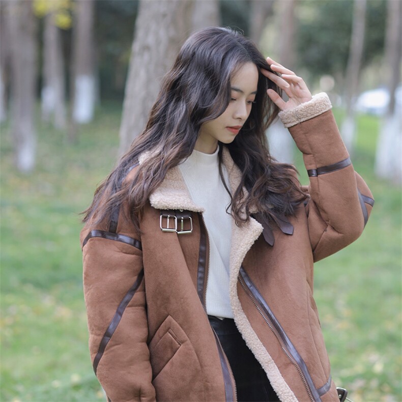 机车服皮毛一体羊羔毛外套女2025冬麂皮绒夹克羊羔绒棉服C596-120,男装夹克,星座911-2(原星座613-2）