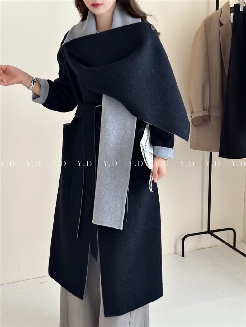 25秋冬新款高端围巾拼色慵懒风设计感羊毛外套(配腰带，女装双面呢大衣，依嘟服饰