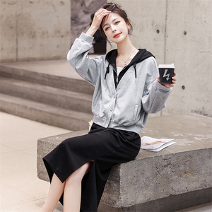 现货2023新款欧货潮撞色假两件卫衣半身裙套装女两件套洋气图片