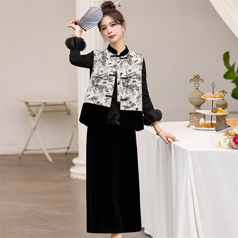 【新款】新中式复古提花马甲百搭气质盘扣中国风马夹拼接立领马甲，女装套装/套裙，涵墨