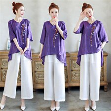 2021夏季新款简约文艺复古刺绣休闲舒适棉麻两件套，女装套装/套裙，韩宇舍