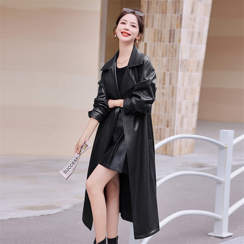 高端时尚过膝长款皮衣外套女2024春秋季新款洋气宽松显瘦大衣风衣,女装风衣,曼琳思菲