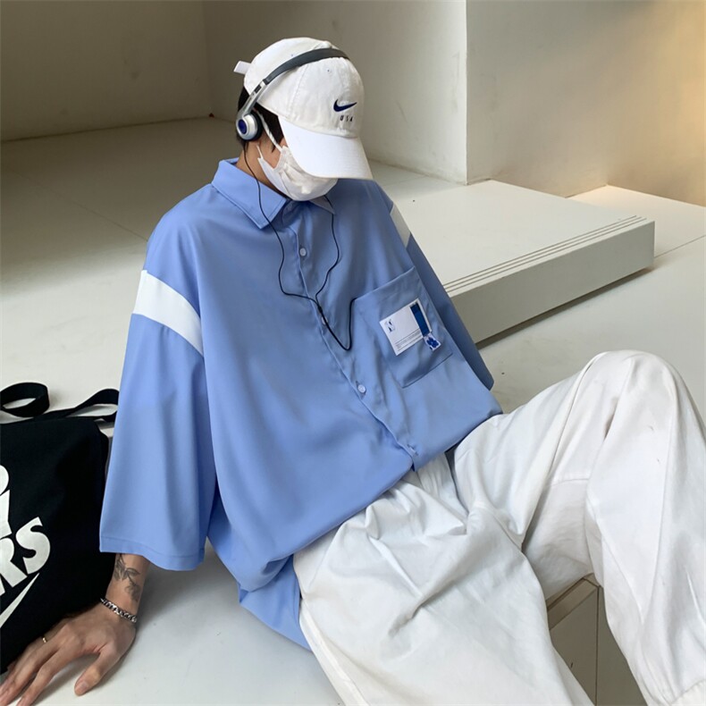 【2025春夏】拼接CITYBOY风中性休闲夏季宽松五分袖男短袖衬衫，男装T恤，星座112A