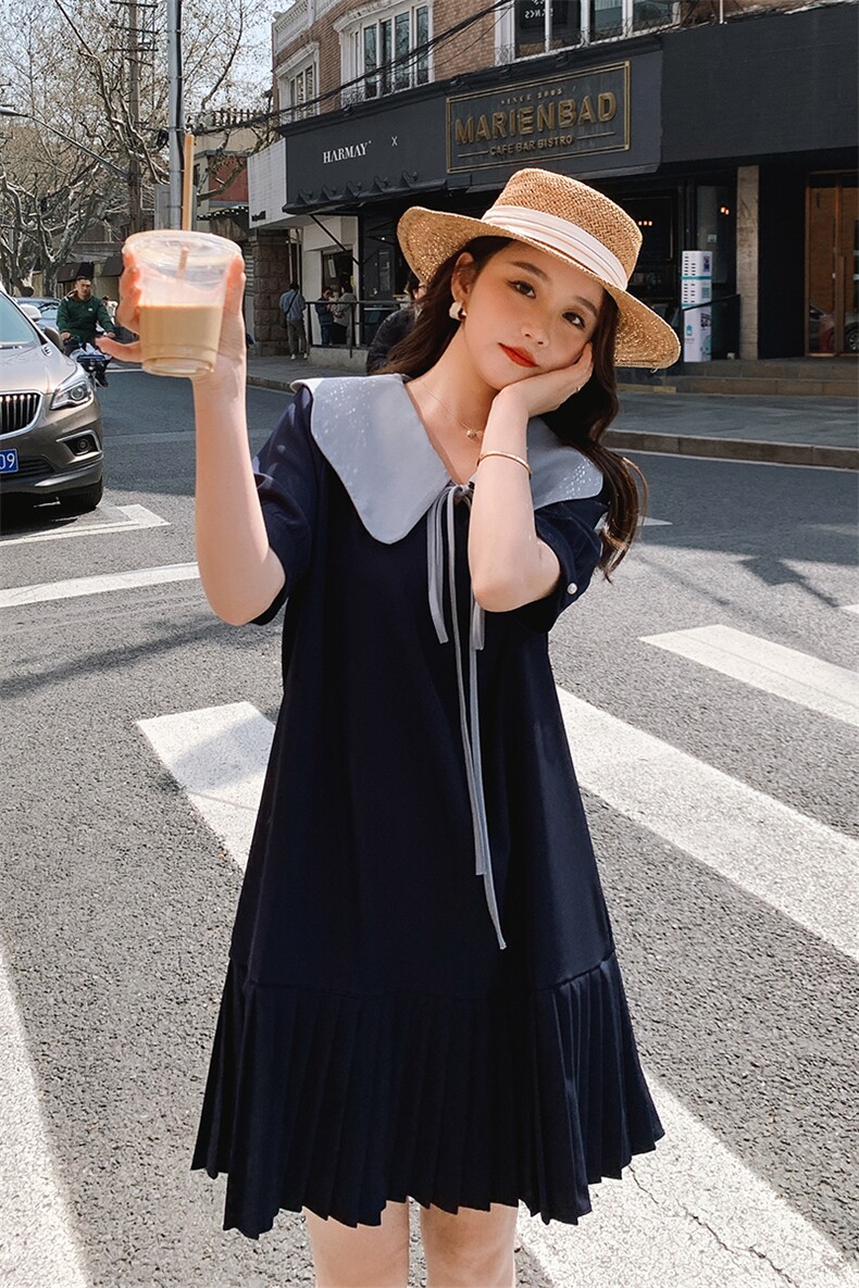 宽松休闲娃娃领雪纺连衣裙女夏2025新款可盐可甜学院风黑色百褶裙,女装连衣裙,2C236