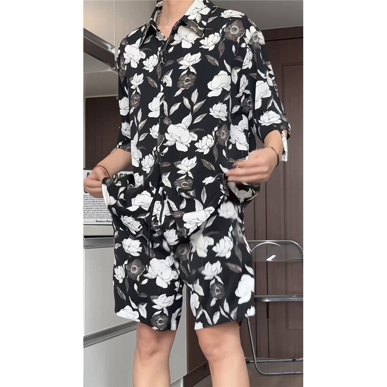 短袖衬衫男+短裤男套装男100%聚酯纤维M-5XL大码TZ78709P50控98,男装休闲套装,星座226-1