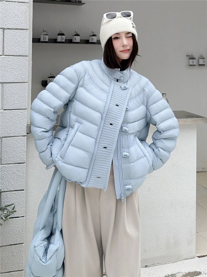 2025冬装新款时尚针织拼接门襟羽绒服,女装羽绒服,曼琳思菲
