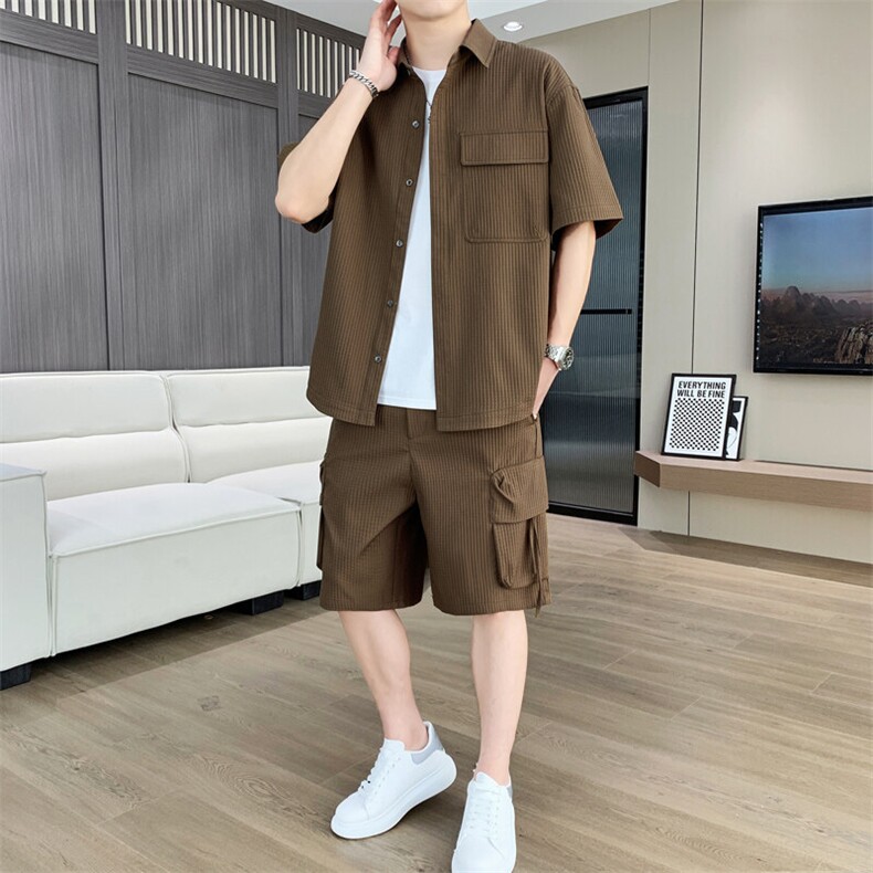 T618-P88夏季薄款衬衫套装男士宽松潮流纯色透气千鸟格两件套,男装衬衫,星座507A（原星座306B-2）