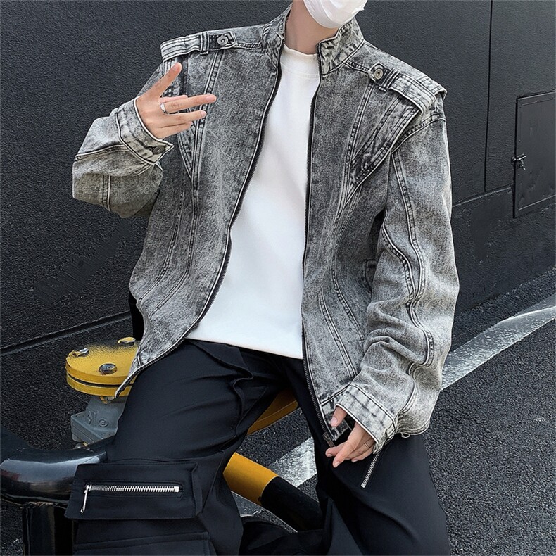 新品机车牛仔男春秋美式潮流复古解构做旧水洗bf痞帅气高级感夹克图片