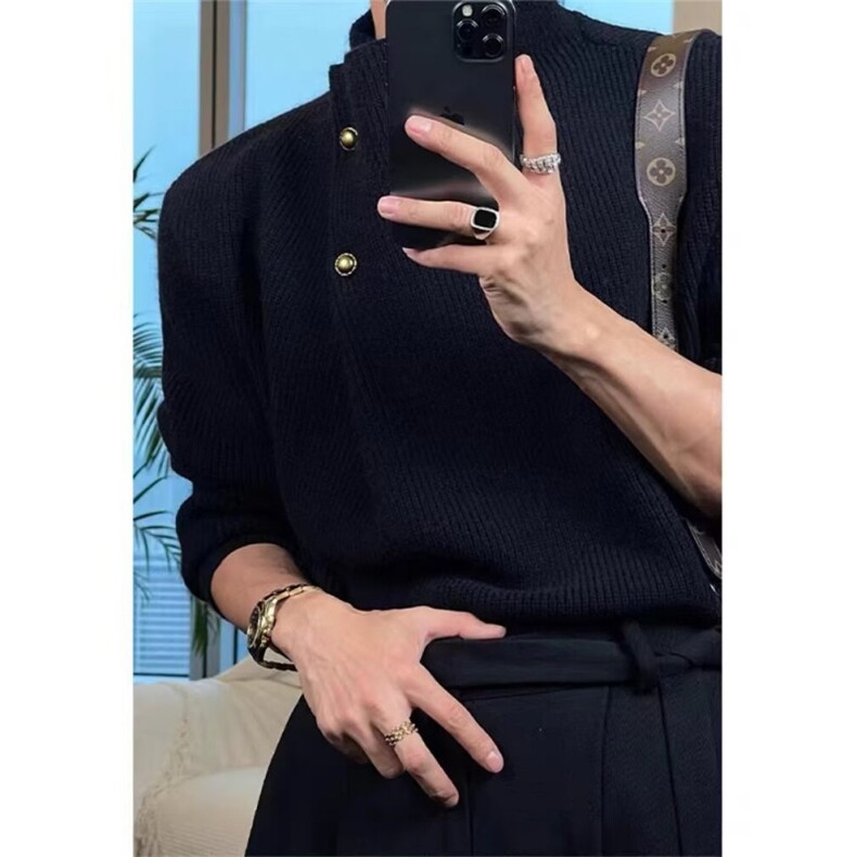 新中式高领毛衣男秋冬季慵懒高级感cleanfit纽扣设计感针织衫外套,男装针织衫/毛衣,星座715-7
