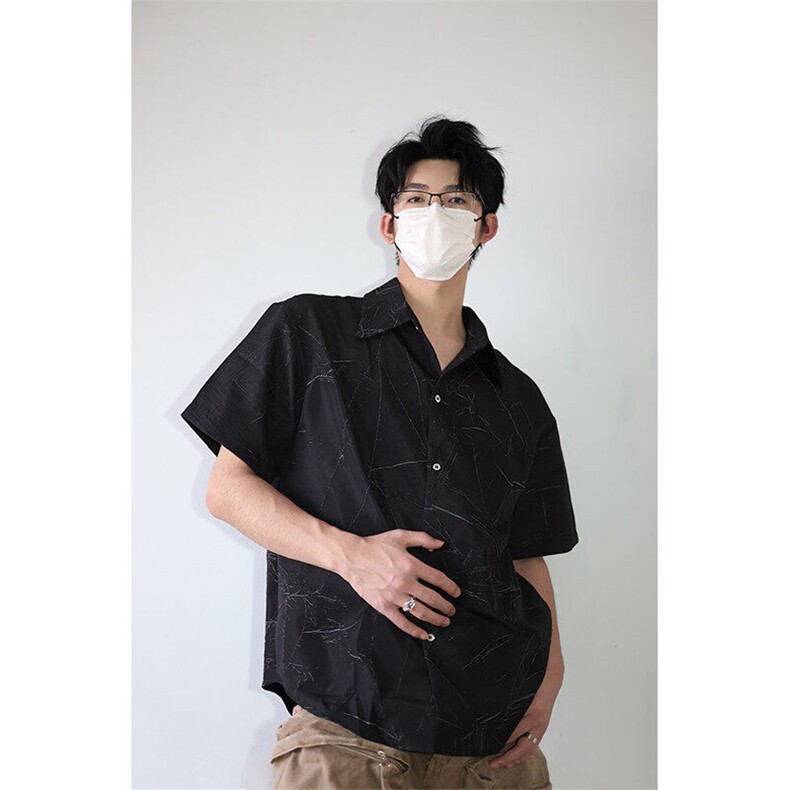 夏季新款短袖衬衫小众解构肌理感黑色裂纹韩版花衬衫打底T恤P50图片