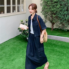休闲宽松牛仔衬衫半身裙套装女夏2025新款慵懒风穿搭巨好看两件套，女装套装/套裙，2C375