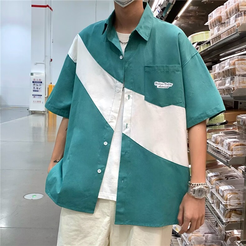 简约拼色短袖衬衫男生夏季宽松休闲潮流拼接半袖上衣CS4028,男装T恤,星座516A