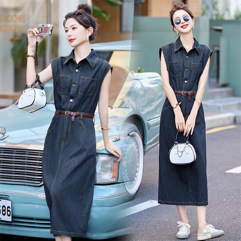 休闲牛仔连衣裙女2024夏季新款时尚无袖薄款轻奢高级感收腰裙子潮，女装连衣裙，沁沁公主