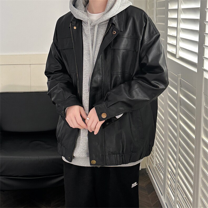 现货-秋冬高品质皮衣外套男宽松休闲翻领皮夹克A150P95绒105,男装夹克,电商A351