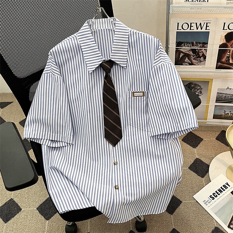 2025夏季新款条纹领带短袖衬衫半袖衬衣班服配领带现货W8609-P35图片