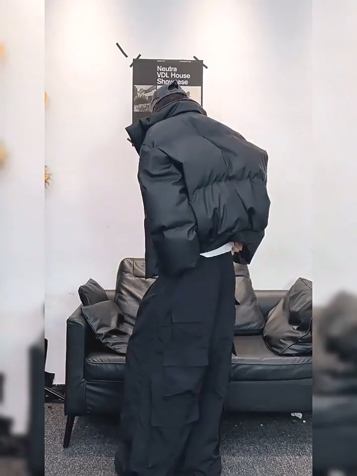 现货5W件冬季三防重磅硬挺boxy短款羽绒立领PU皮棉衣外套加厚棉服,男装棉衣,电商A486-1