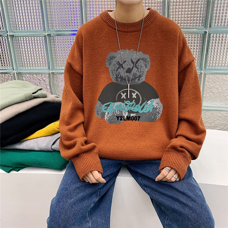 港风日系宽松休闲情侣圆领套头印花加厚毛衣男外套7687P48加绒P55,男装针织衫/毛衣,星座226-2
