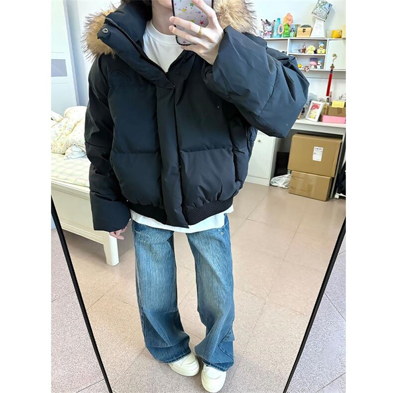 现货三防重磅硬挺boxy短款羽绒棉衣座山雕大毛毛领PU皮棉服外套冬,男装棉衣,电商A443