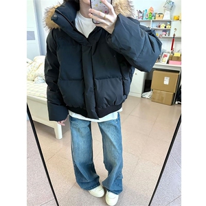现货三防重磅硬挺boxy短款羽绒棉衣座山雕大毛毛领PU皮棉服外套冬