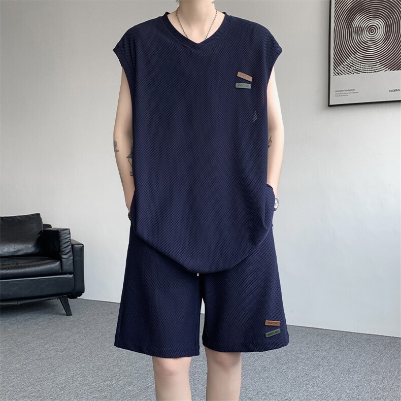 特批P60无差价夏季网眼透气凉感冰丝皮标男大码背心两件套TZ5588,男装休闲套装,电商A001