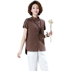 中年妈妈夏装大码中老年棉麻短袖t恤上衣夏款洋气裤子，女装T恤，奕阳依阁