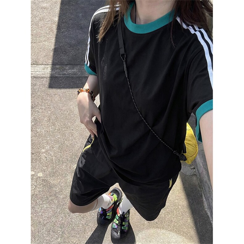 两条杠运动夏季短袖T恤复古撞色休闲款上衣男女X61403-TP2549,男装T恤,电商A102