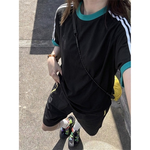 两条杠运动夏季短袖T恤复古撞色休闲款上衣男女X61403-TP2549图片