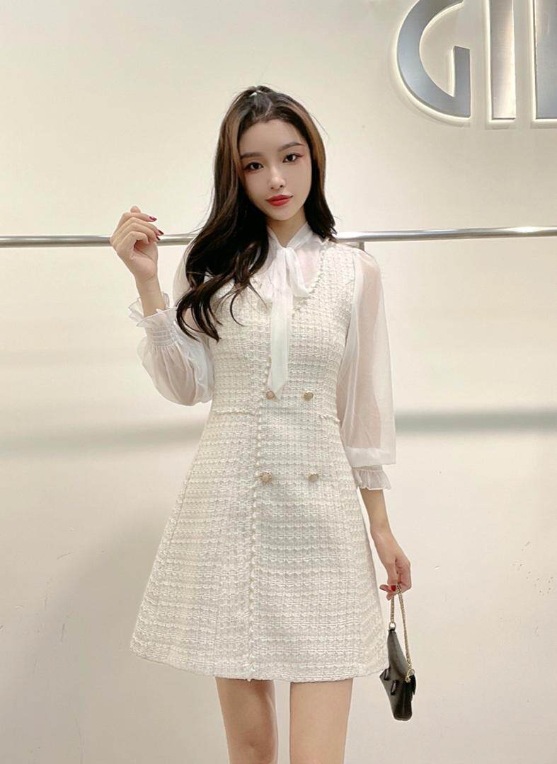 现货小香风假两件连衣裙，女装连衣裙，嘉利得