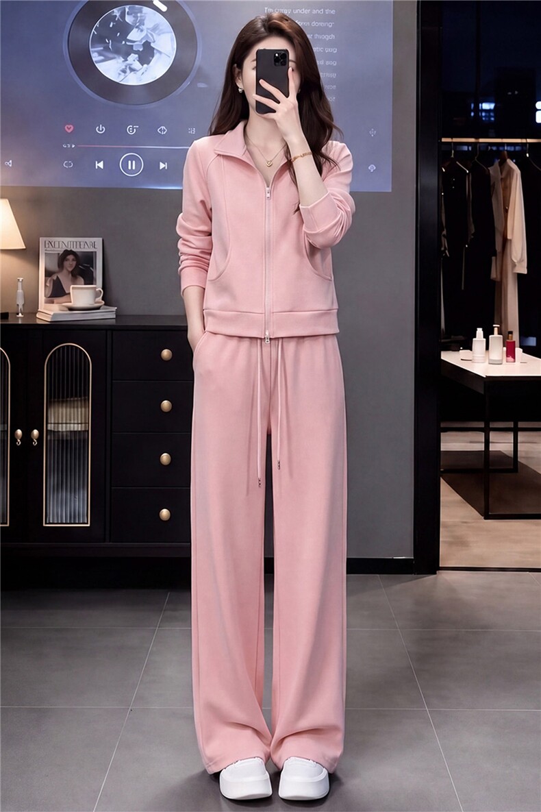 高级感时尚休闲运动服套装女春秋新款立领长袖卫衣阔腿长裤两件套,女装套装/套裙,江南