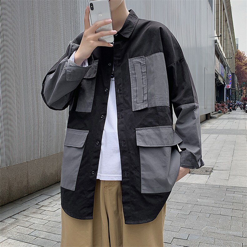 CC28男士休闲工装衬衫外套秋装新款青少年学生口袋贴袋衬衣文艺男,男装衬衫,星座115A(原星座507）