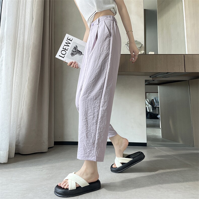 夏冰丝肌理感高腰显瘦九分薄款休闲奶奶裤小个子八分裤子,女装休闲裤,梦白服饰厂