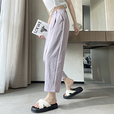夏冰丝肌理感高腰显瘦九分薄款休闲奶奶裤小个子八分裤子，女装休闲裤，梦白服饰厂