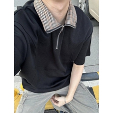 夏季千鸟格短袖男士老钱风半拉链POLO衫拼接设计T恤男LT25066-p38，男装Polo衫，星座1008