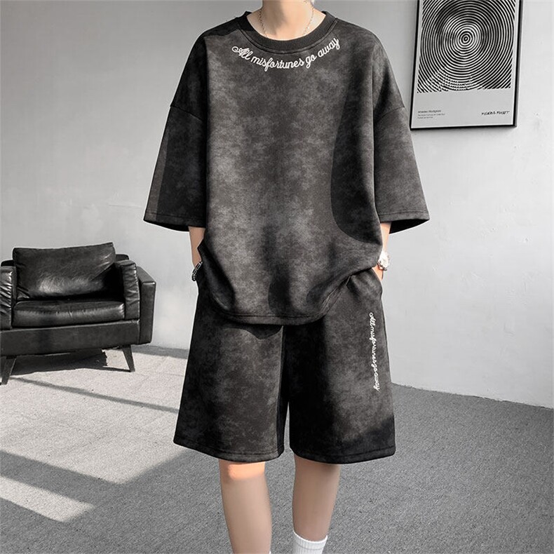 现货 TZ765-特批55 控88 设计感高质量刺绣圆领大码T恤短袖短裤图片
