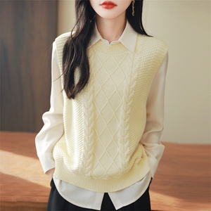 100%纯棉线无袖麻花针织马甲女坎肩毛衣2025新款宽松叠穿背心上衣图片