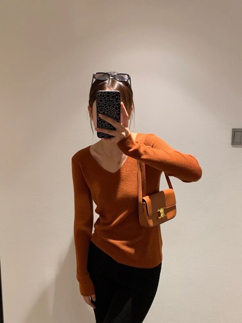 纯色V领长袖羊毛针织衫女韩版显瘦时尚百搭上衣,女装羊毛衫,恩泰羊绒