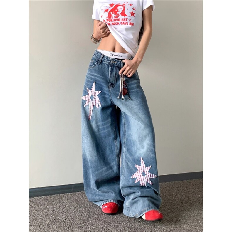 美式设计感星星贴布猫须弯刀牛仔裤女夏季高腰水洗宽松阔腿长裤潮，男装牛仔裤，星座506A