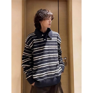 老钱风仿貂毛条纹polo领毛衣男女秋冬高级感痞帅慵懒风针织衫外套图片