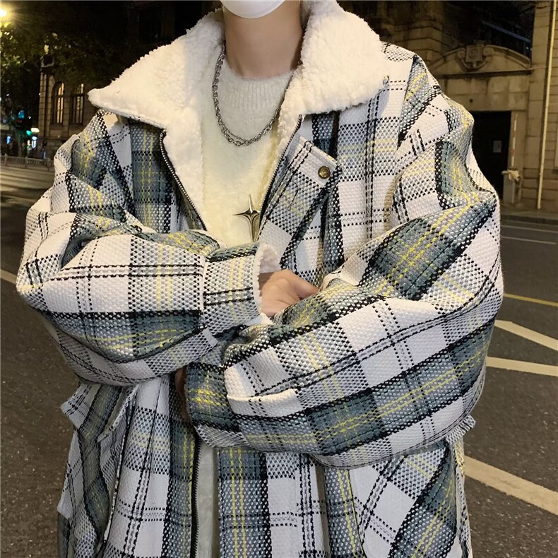 美式复古外套男秋冬羊羔毛棉服加厚小香风宽松格子棉衣M8029/P99,男装棉衣,星座506