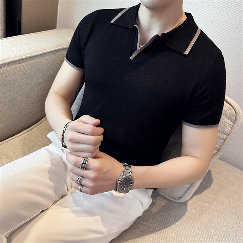 2024夏季新款修身翻领纯色针织衫毛衣打底POLO衫男M23-p45，男装针织衫/毛衣，电商D303