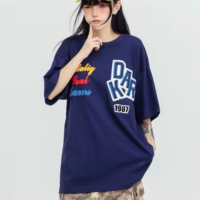 Q167/P42原创潮字母刺绣短袖T恤宽松男女情侣植绒,男装T恤,星座1506