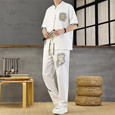 风印花男装夏短袖男复古开衫套装新款民族风一套，男装T恤，星座1206（原A206）