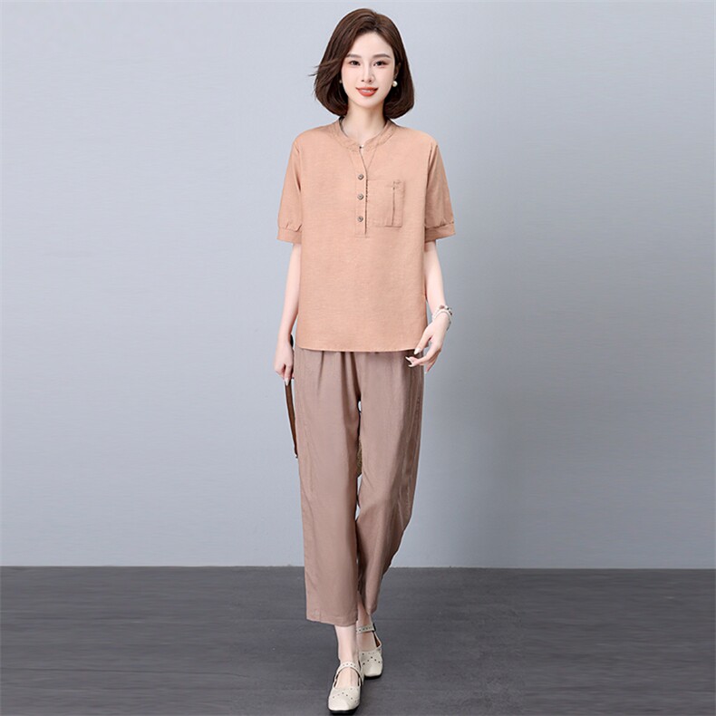 棉麻套装女2025新款夏装搭配一整套时尚微胖穿搭妈妈小个子两件套,女装套装/套裙,悦见她