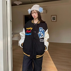 美式复古刺绣字母PU皮衣棒球服外套男女韩系宽松情侣夹克，男装夹克，星座506A