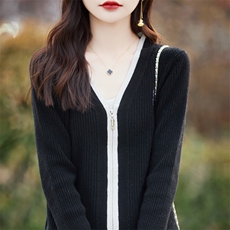 V领拼色100%纯羊毛开衫女绣花拉链外套毛衣宽松短款羊绒针织上衣，女装短外套，蒙特羊绒