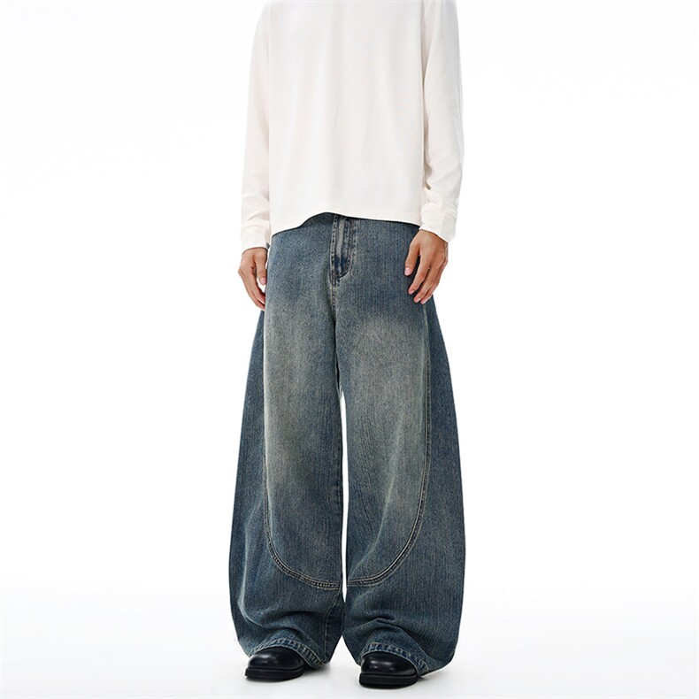 2025秋冬美式巴黎竹节复古蓝拼接水洗个性牛仔裤男女弯刀裤子潮，男装牛仔裤，星座301D-3
